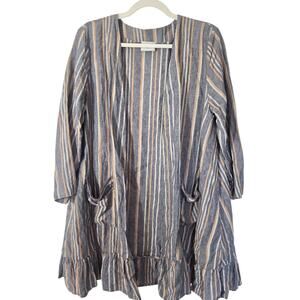 Wrap London Linen Striped Cardigan Pocket Ruffle Hem Lagenlook Boho Casual US 10